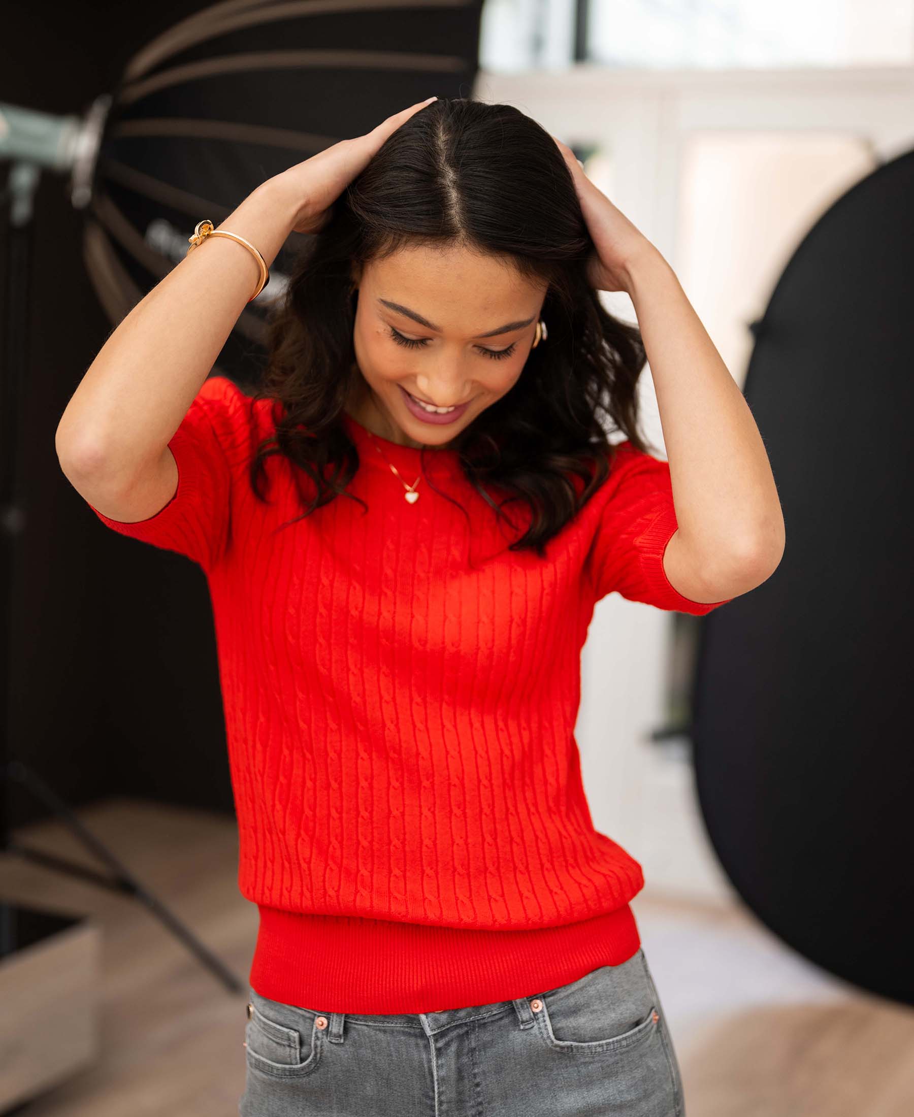 Cable knit short sleeve sweater LA NONNA Coral Red