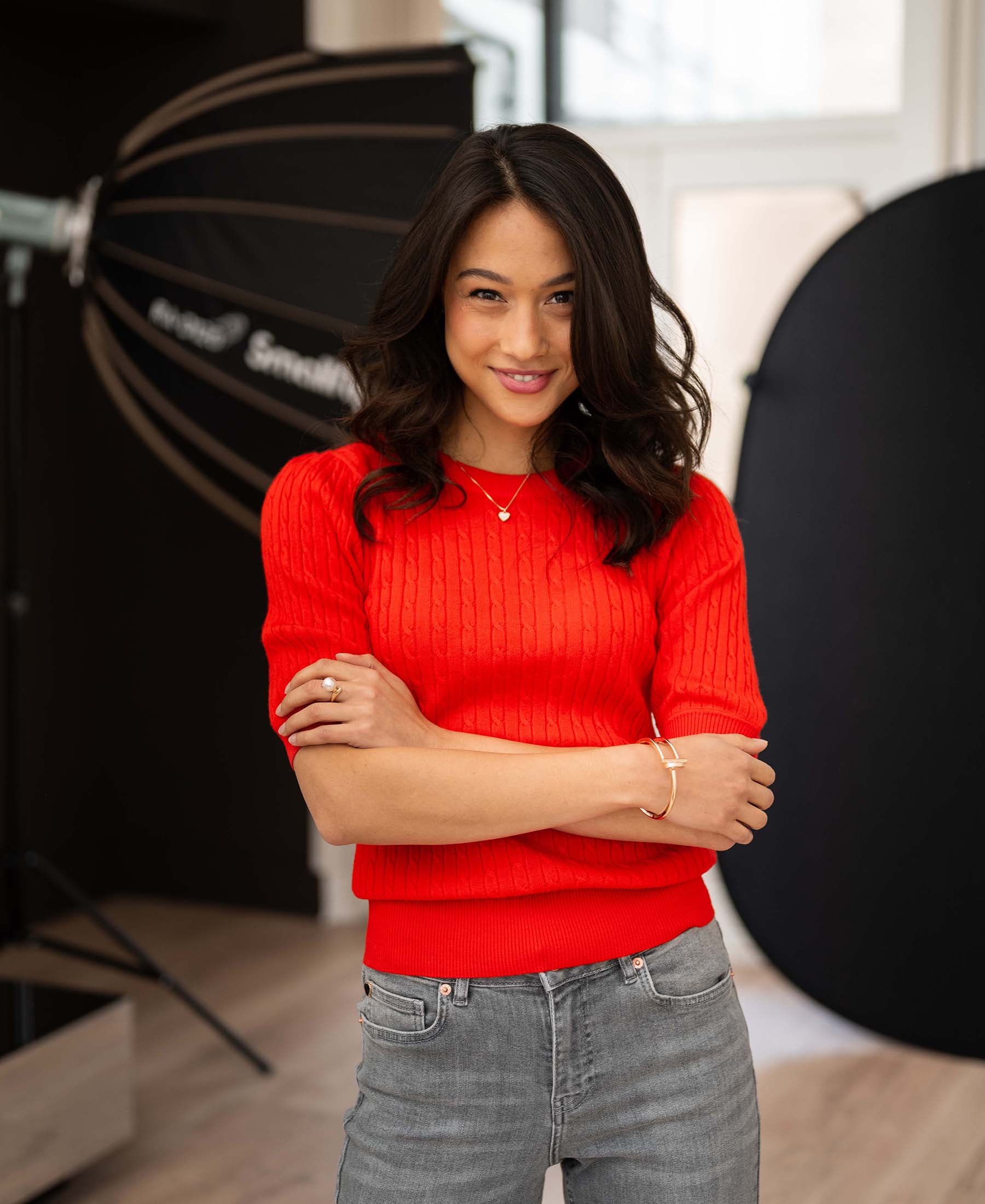 Cable knit short sleeve sweater LA NONNA Coral Red