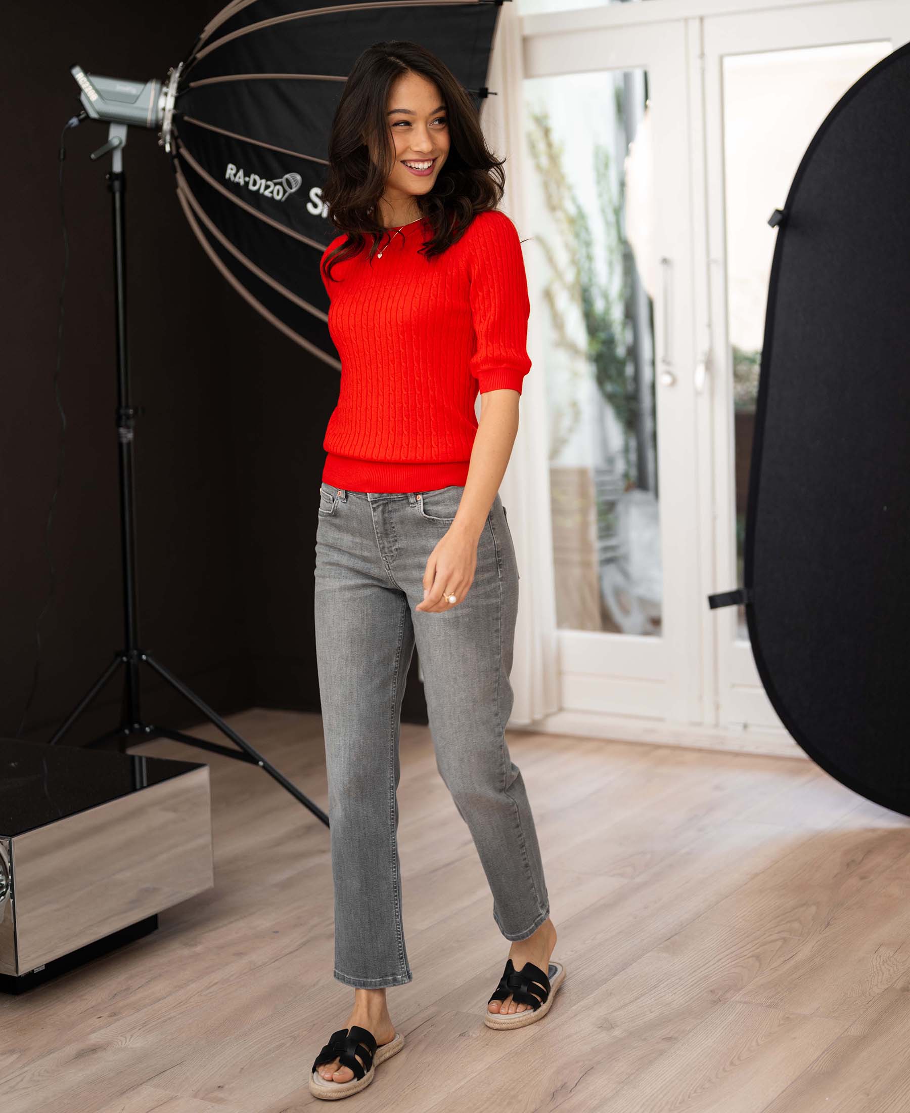 Cable knit short sleeve sweater LA NONNA Coral Red