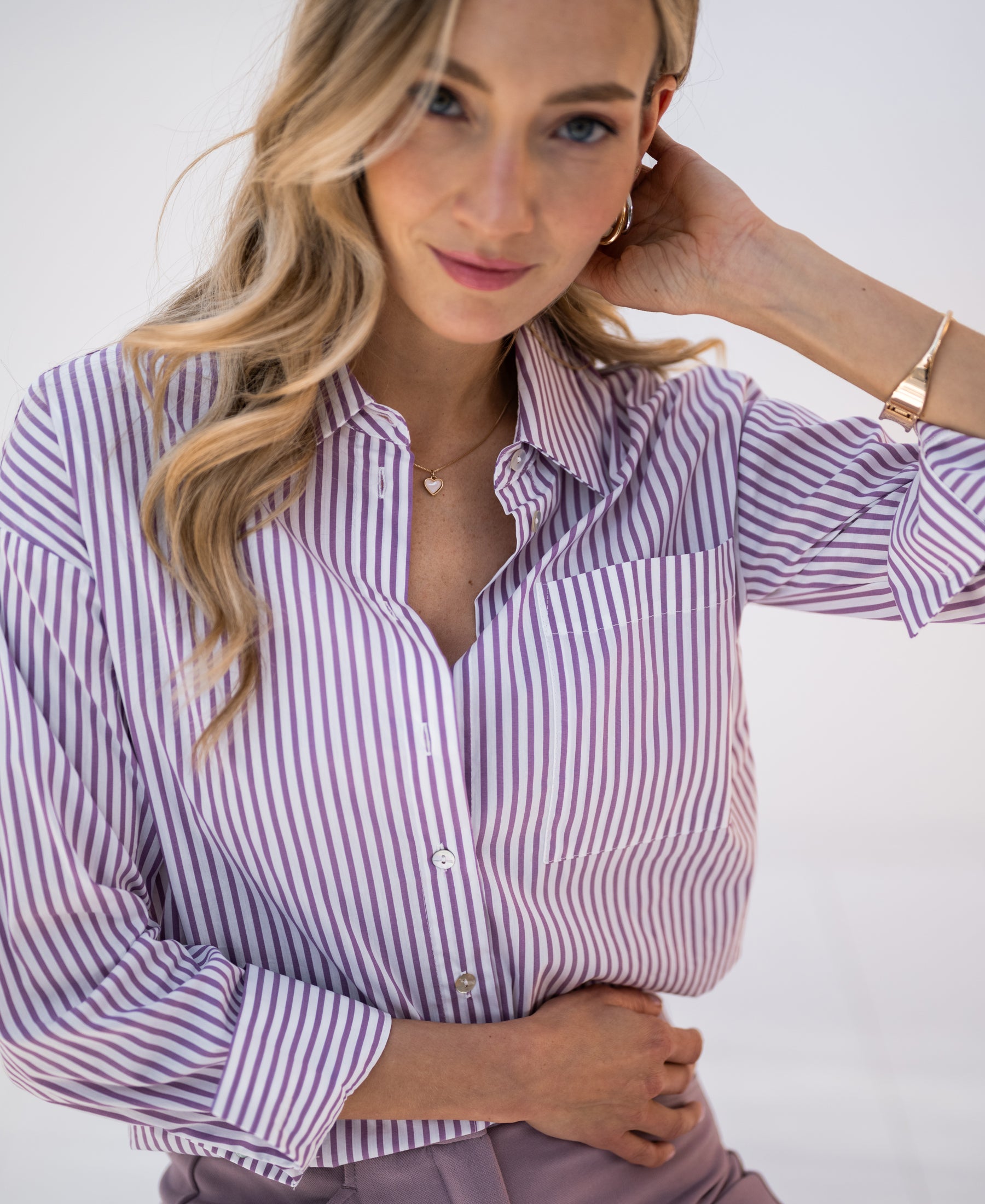 Blouse LA PASCALLE white-mauve striped