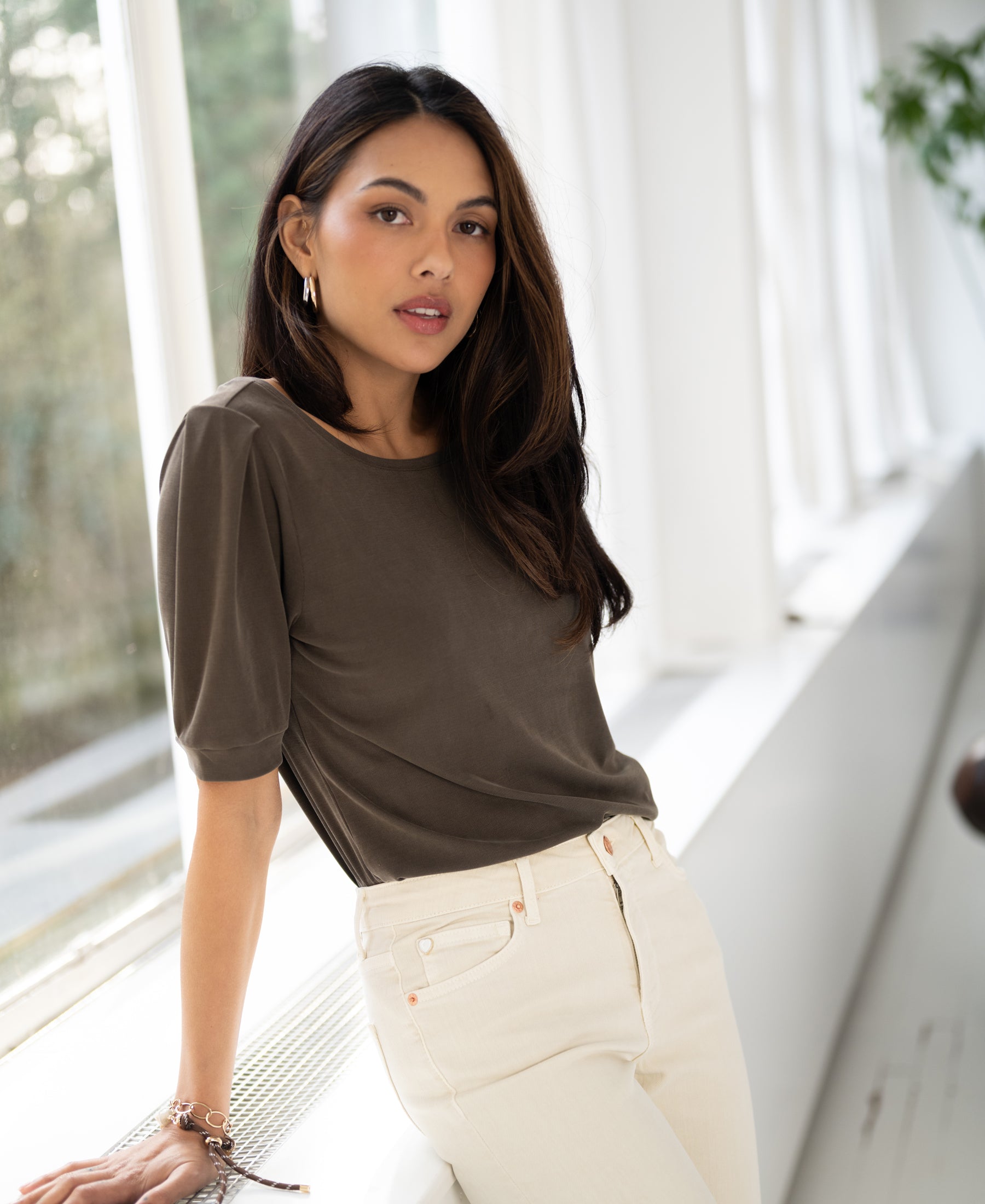 Ribbed T-shirt in dark sand color by Plein Publique, shown worn by model.