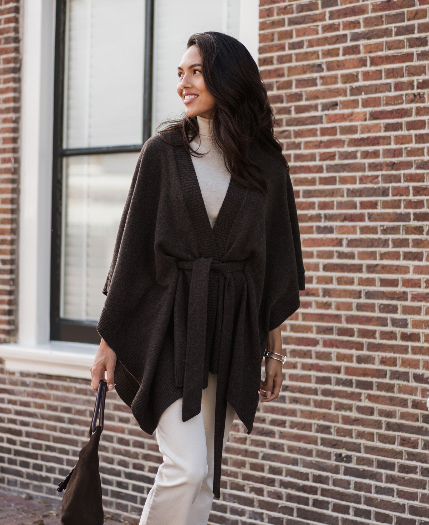 Merino wool poncho in chocolate brown.
