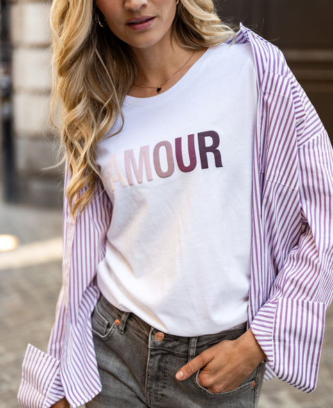 Blouse LA PASCALLE Wit-mauve gestreept