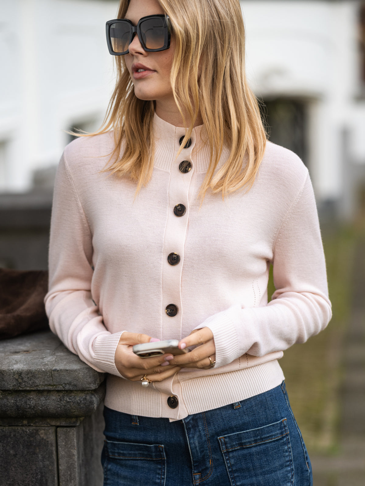 Merino wool turtleneck cardigan LES SEIZE Blush