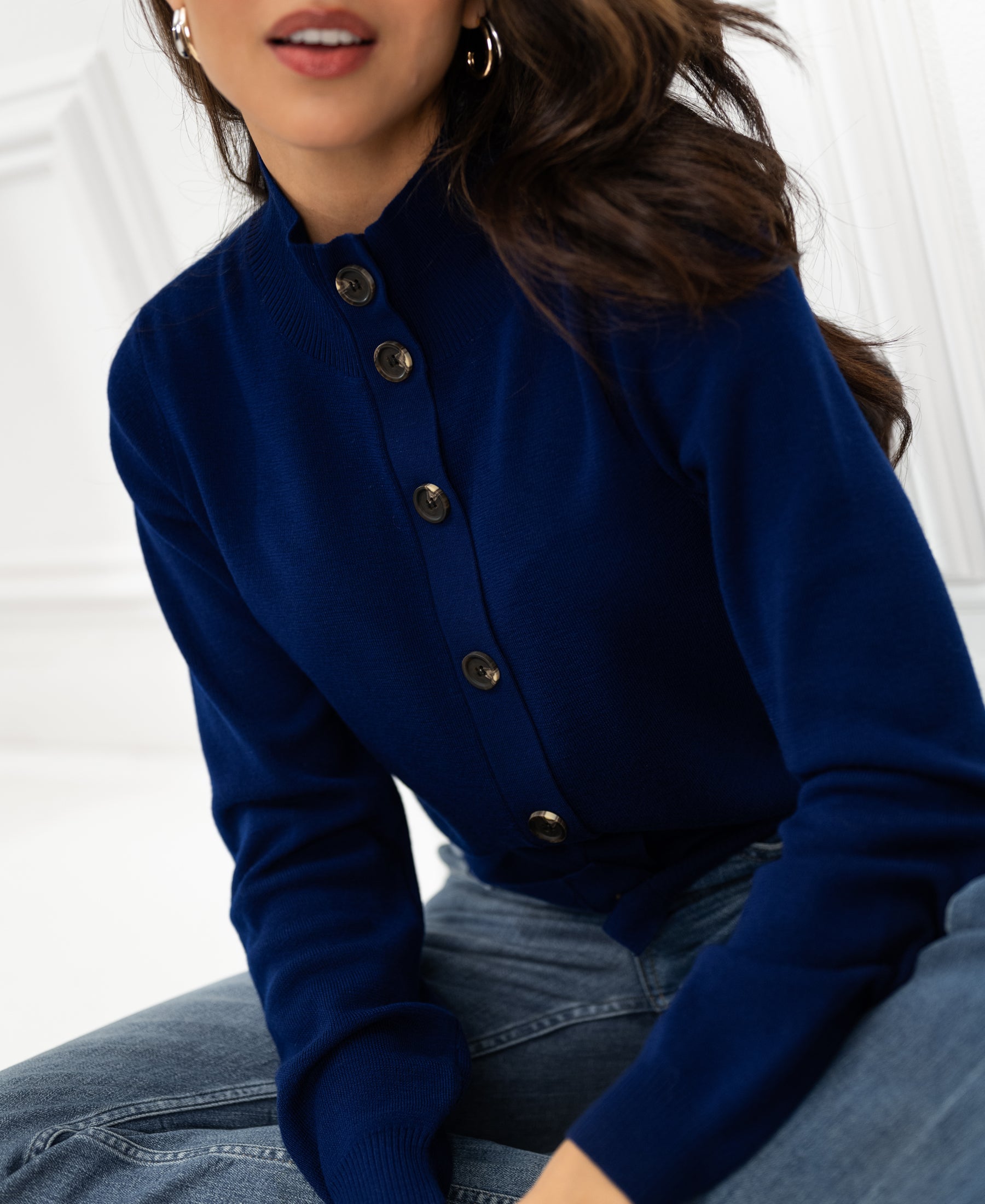 PLEIN PUBLIQUE Merino wool turtleneck vest in navy blue, upper body view against white.