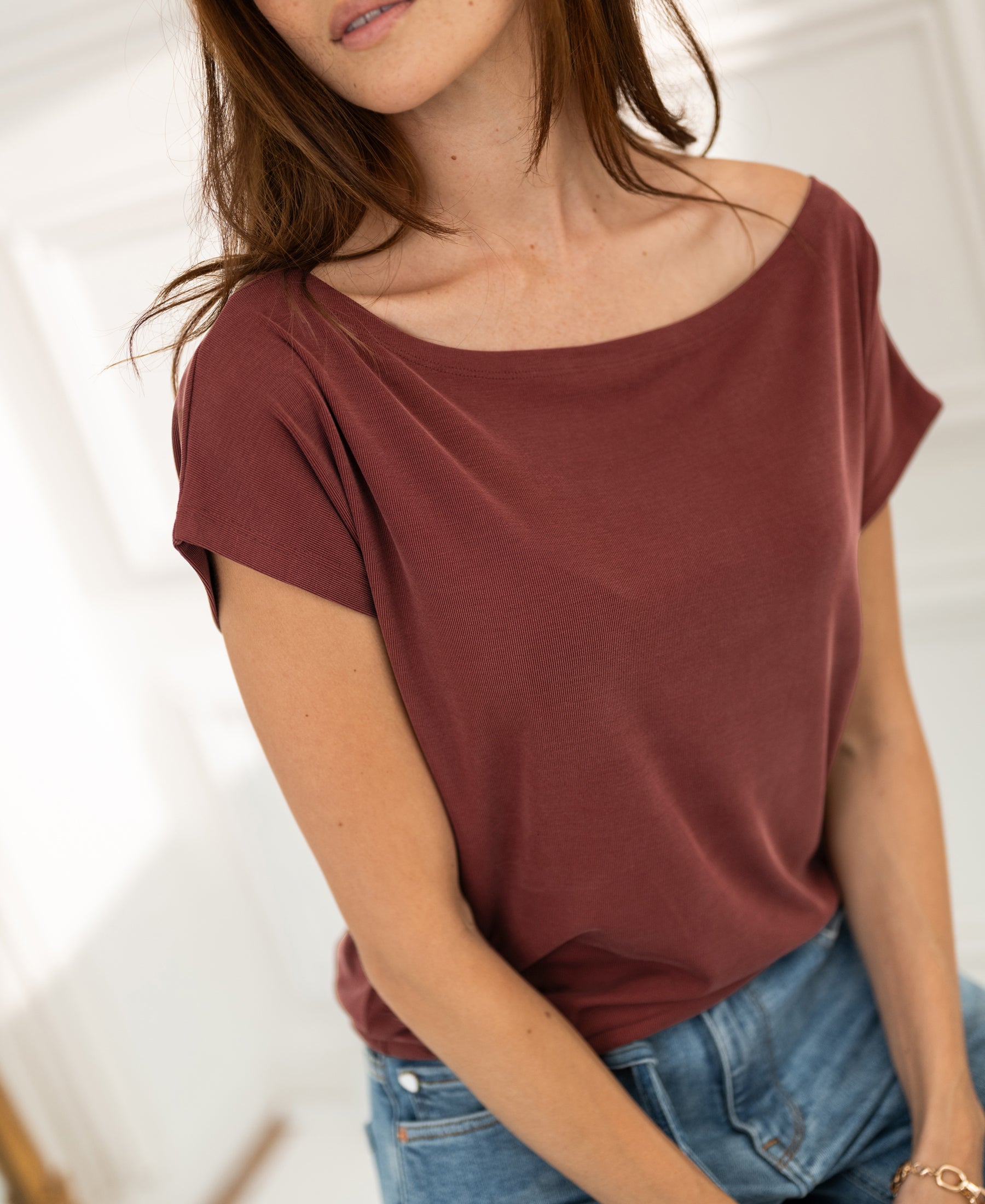 Rib boothals T-shirt LA SOMME Henna