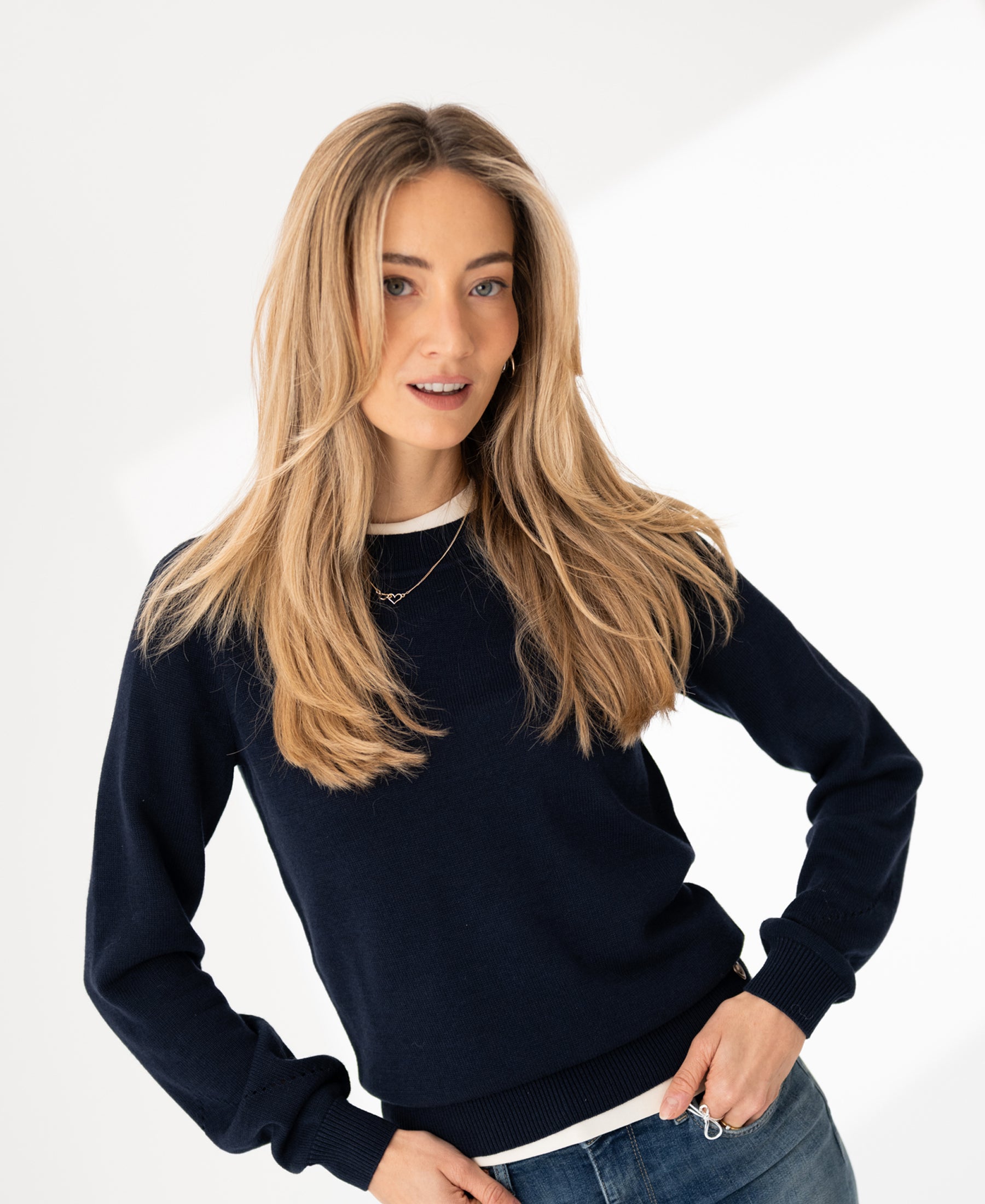 Navy merino wool blend sweater by PLEIN PUBLIQUE, shown on model against a white background.