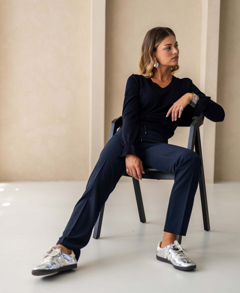 Merino V-hals trui LA FLEUR Donkerblauw