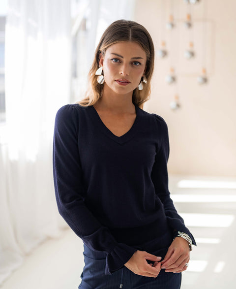 Merino V-hals trui LA FLEUR Donkerblauw
