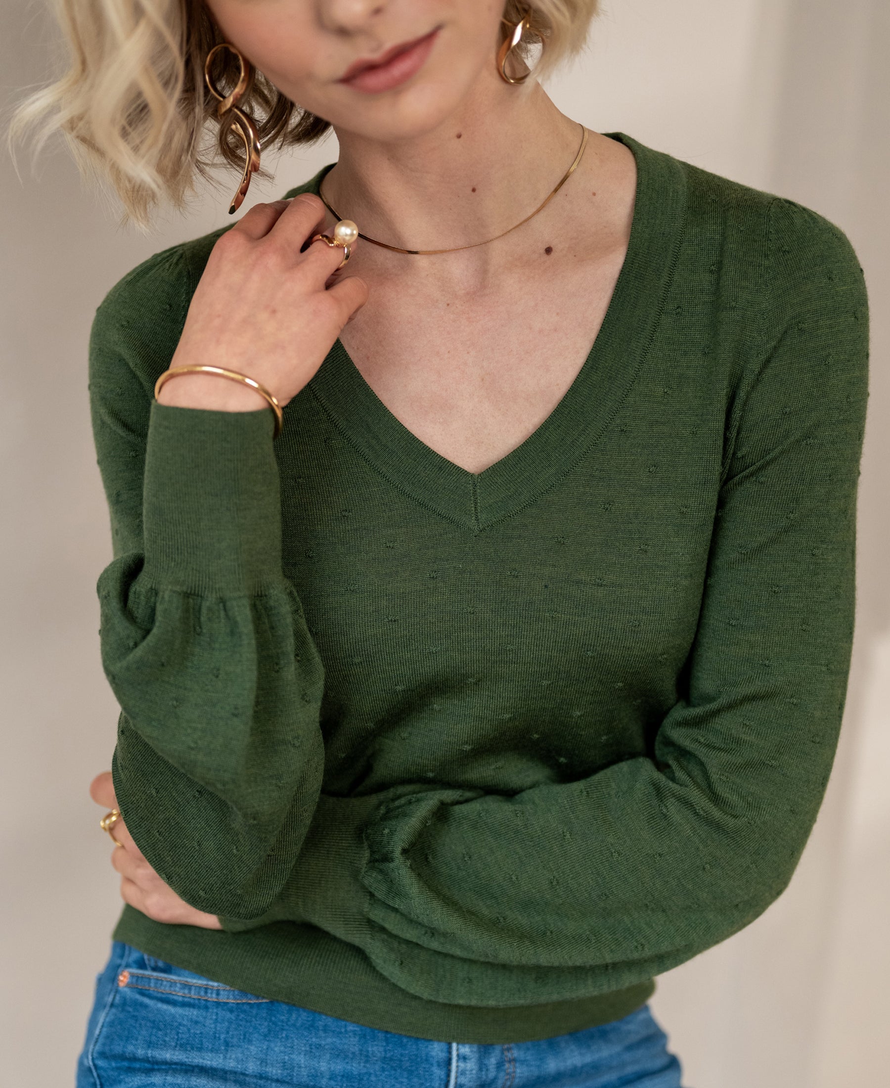 Merino V-hals trui LA VICTORIA Olijfgroen