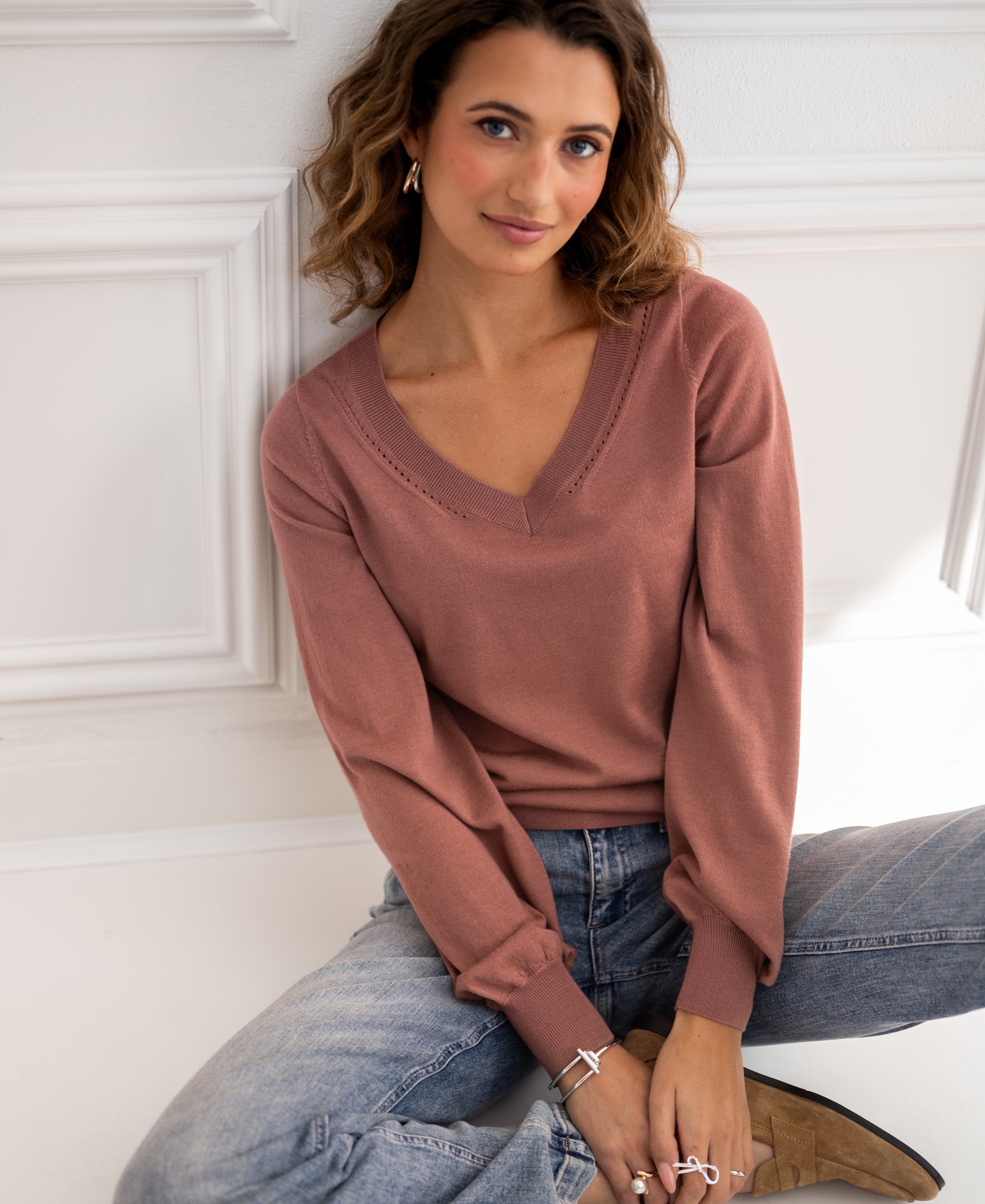 Pullover aus Merinowolle mit V-Ausschnitt LA VILLE Altrosa