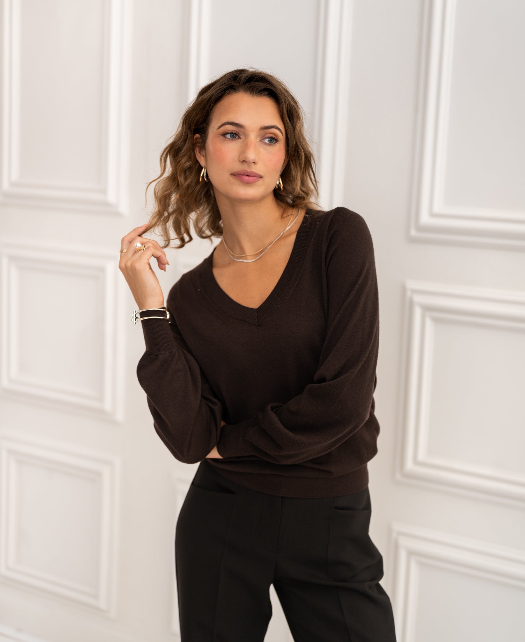 Pullover aus Merinowolle mit V-Ausschnitt LA VILLE Pure choco