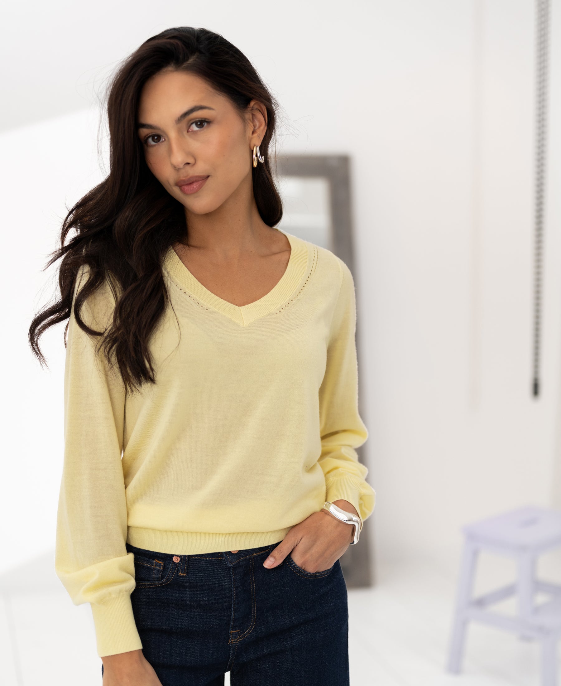 Merino V-hals trui LA VILLE Zacht geel