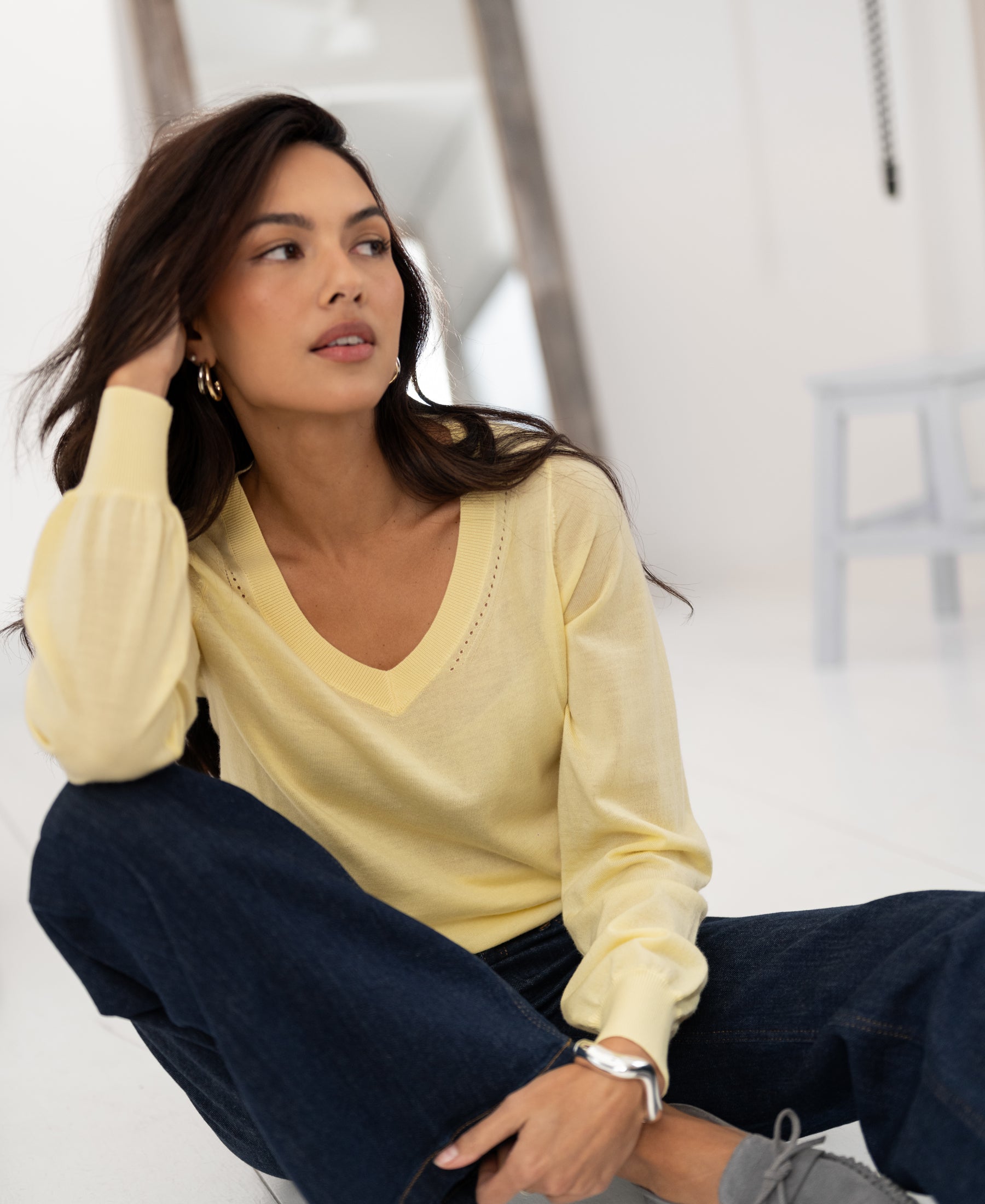 Merino V-hals trui LA VILLE Zacht geel