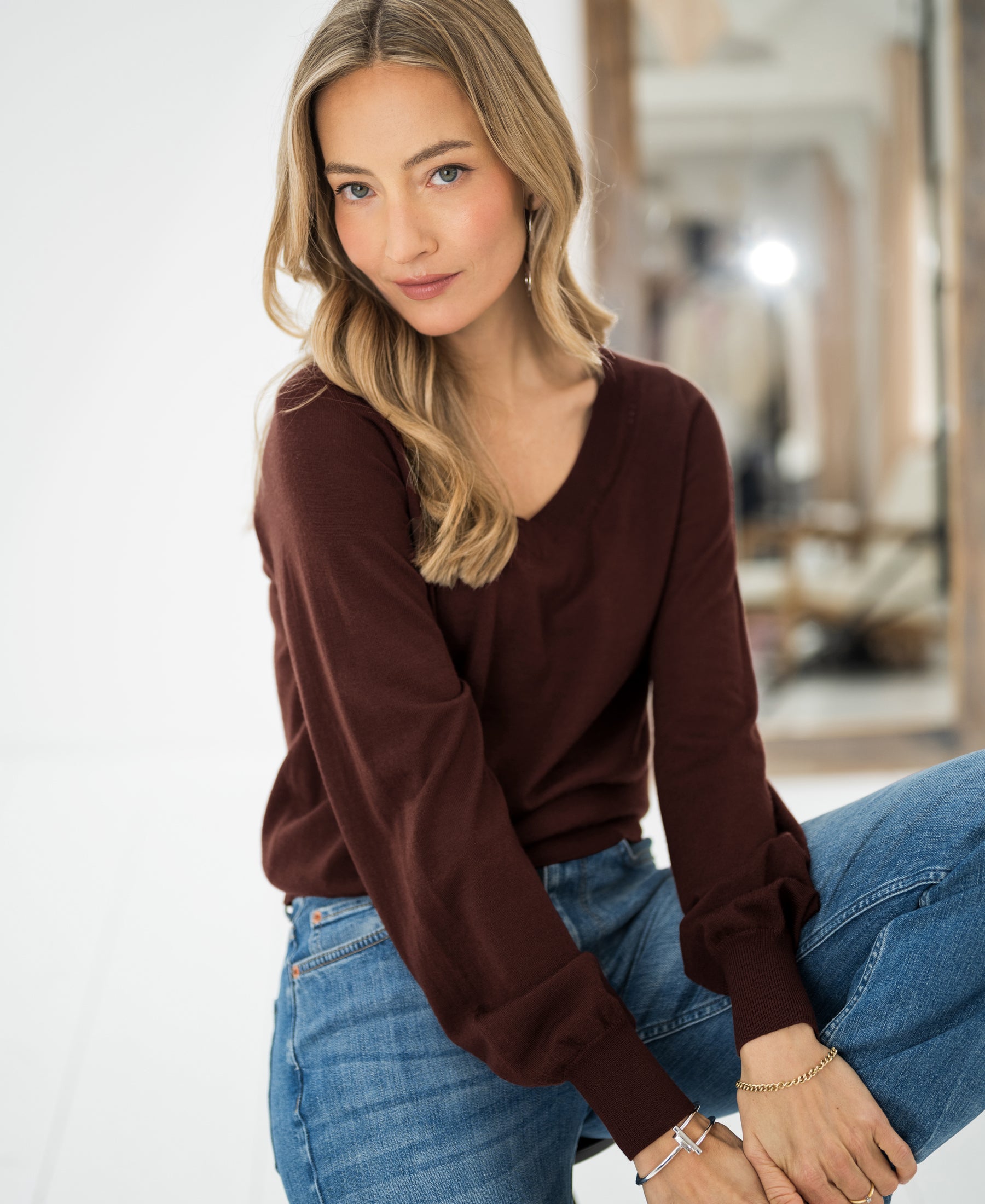 Merino V-hals trui LA VILLE Brown