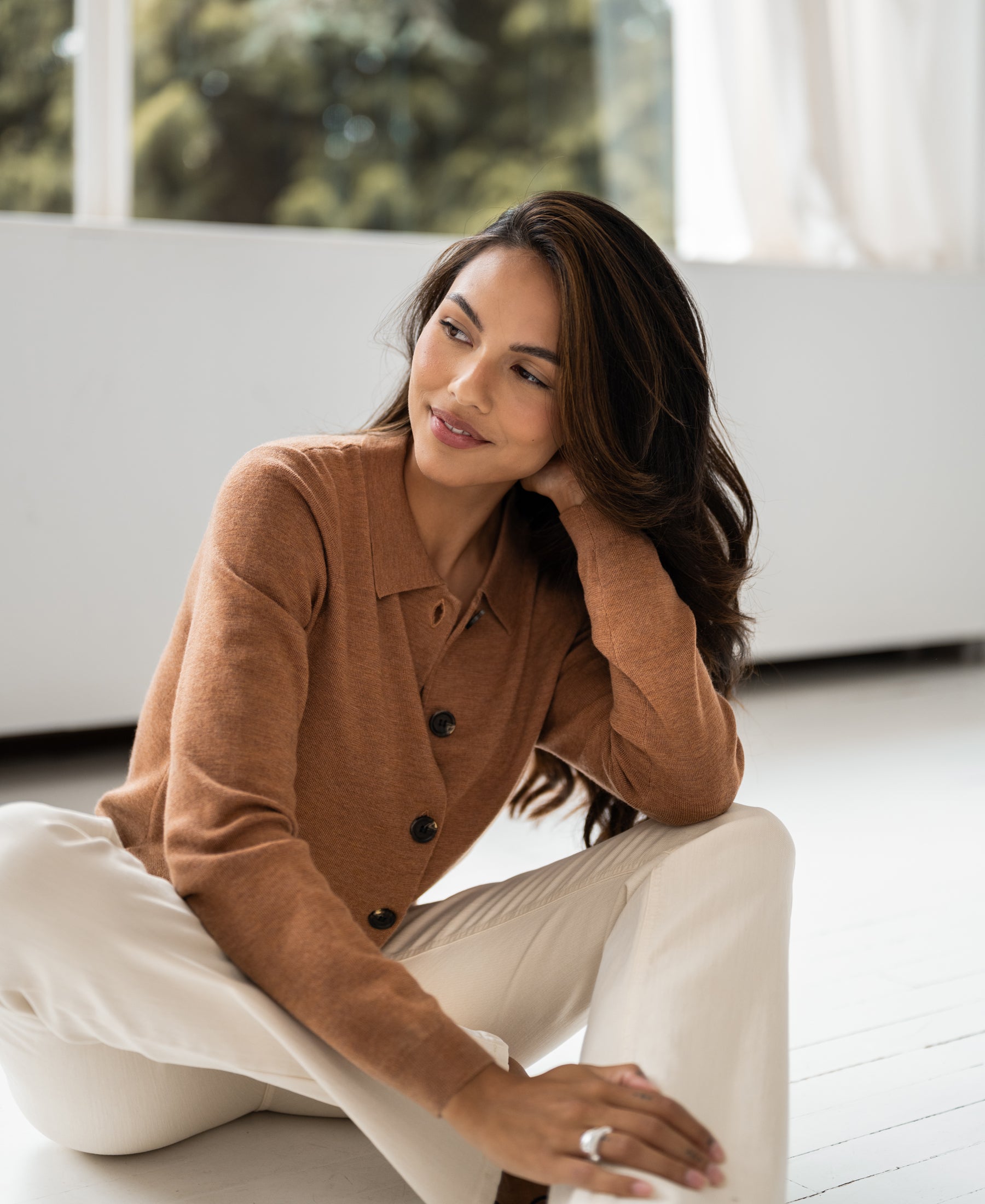 Ribbed knit polo-collar cardigan LES VINGT Chai tea by PLEIN PUBLIQUE, shown from the front.