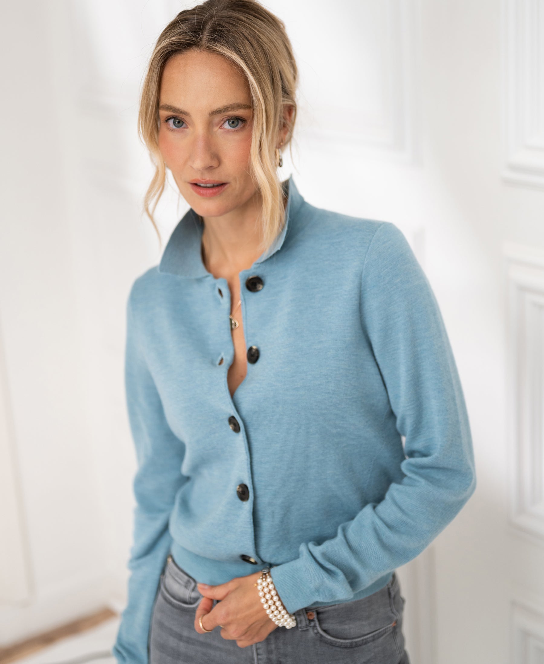 Polo collar cardigan LES VINGT Mistyblue