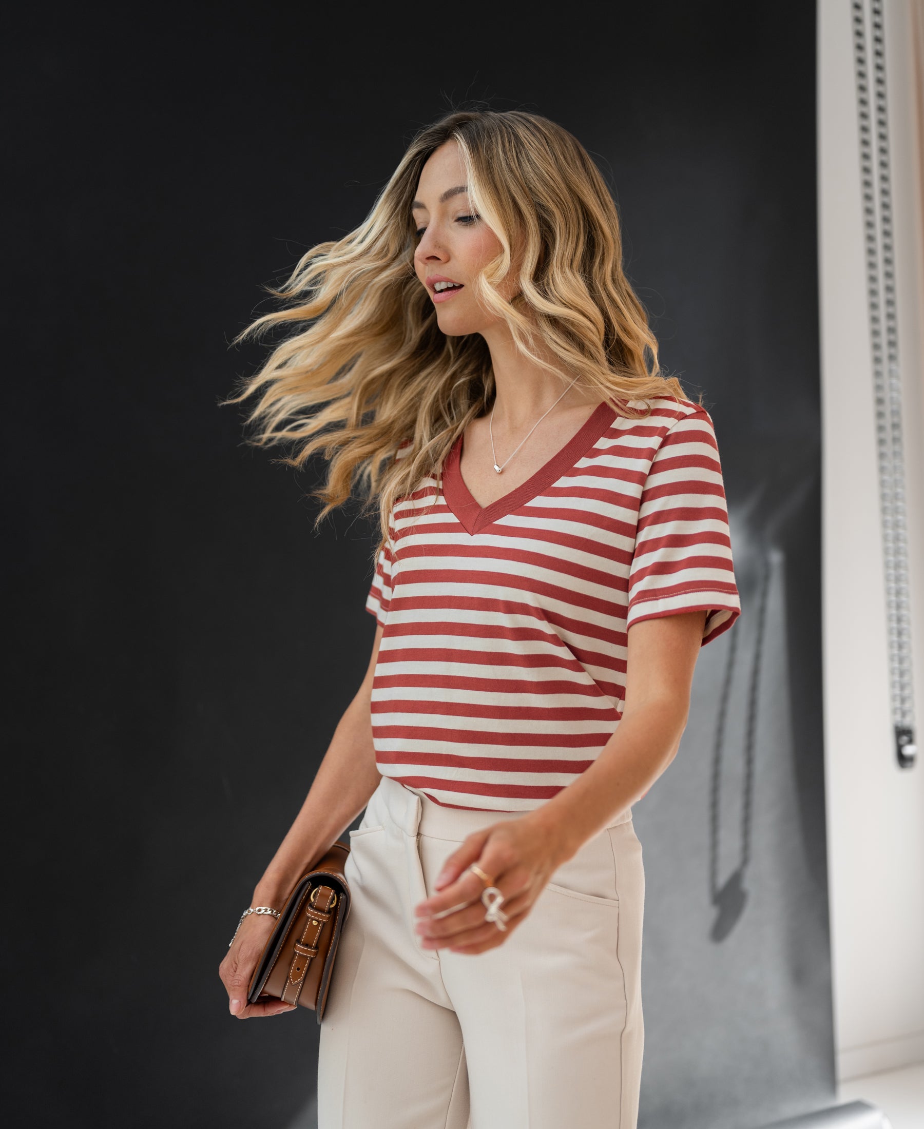 gestreiftes T-Shirt LA VIOLE Rotbraun-cremeweiß