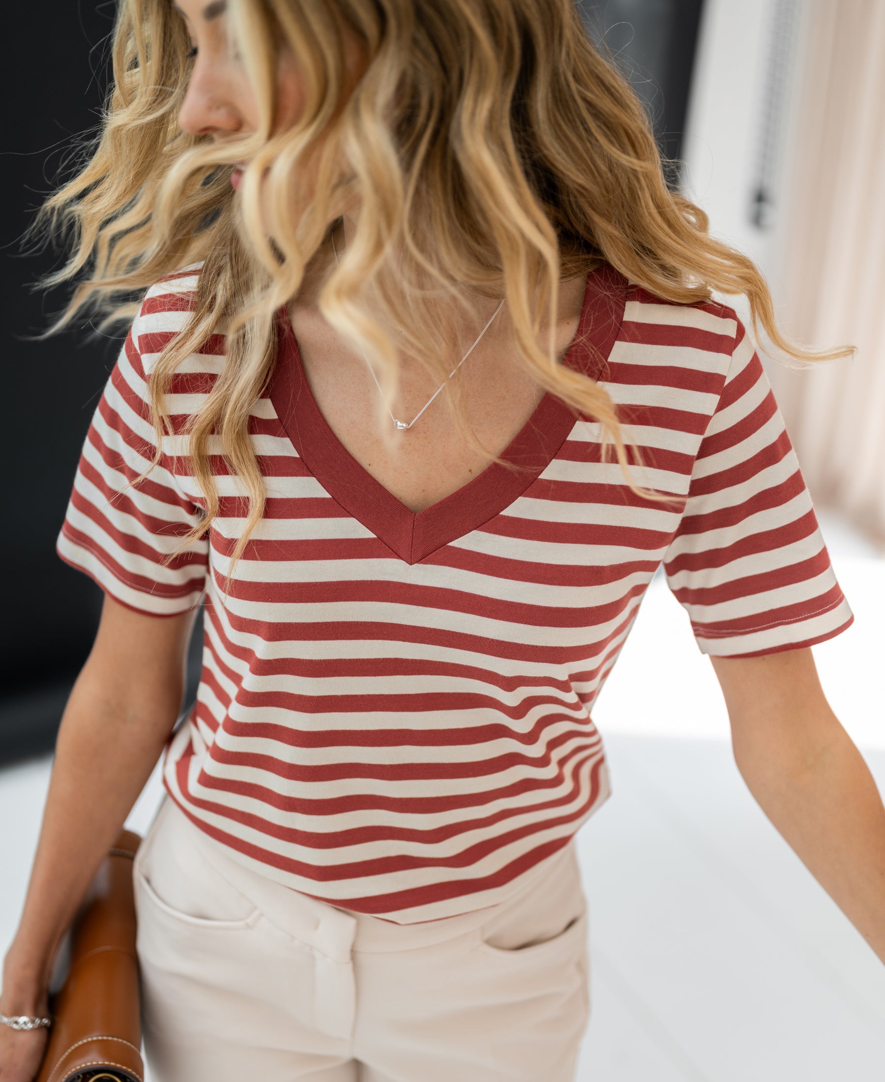 gestreiftes T-Shirt LA VIOLE Rotbraun-cremeweiß