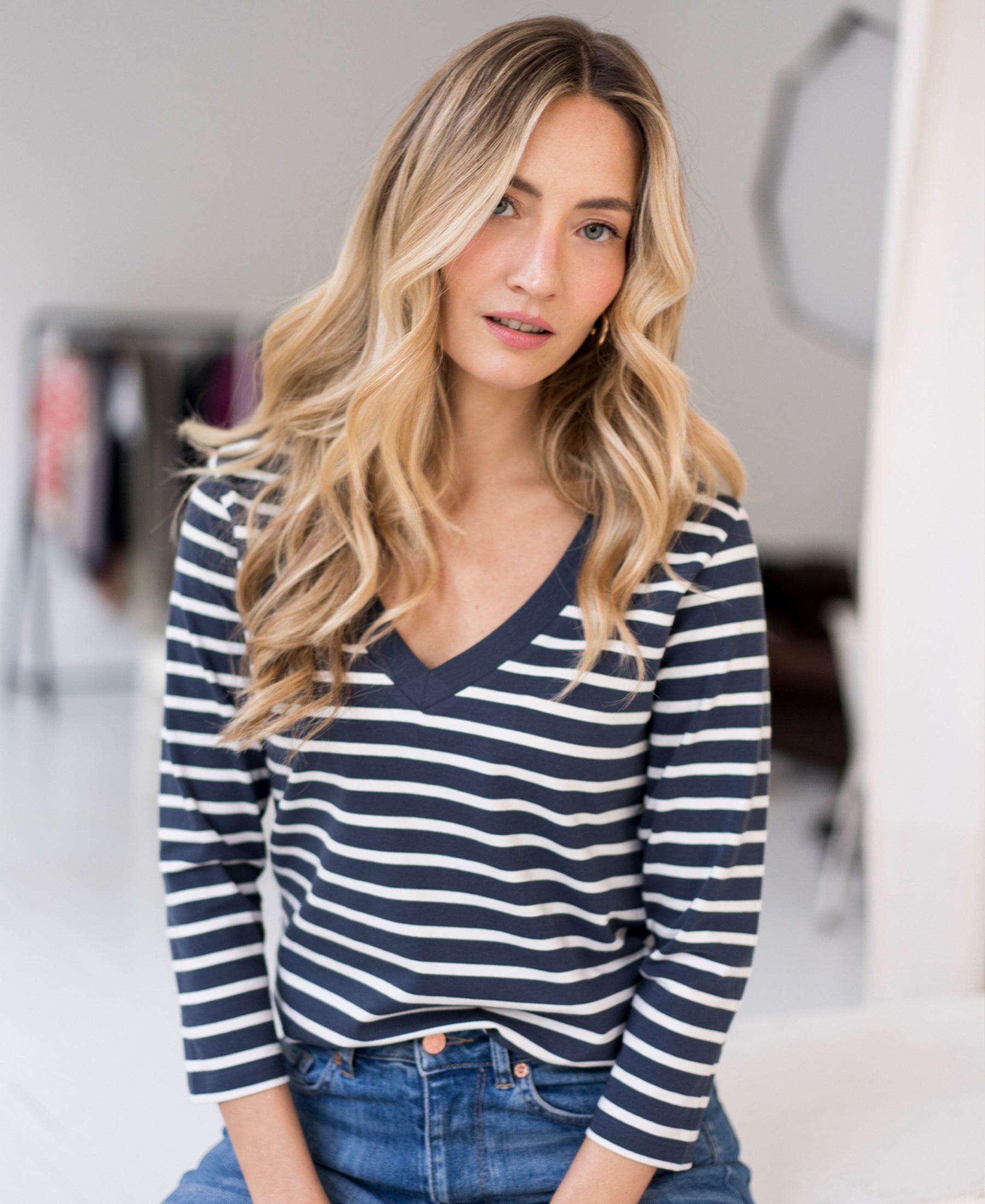 Streifen T-Shirt LA VIVIA Denim-Ivory