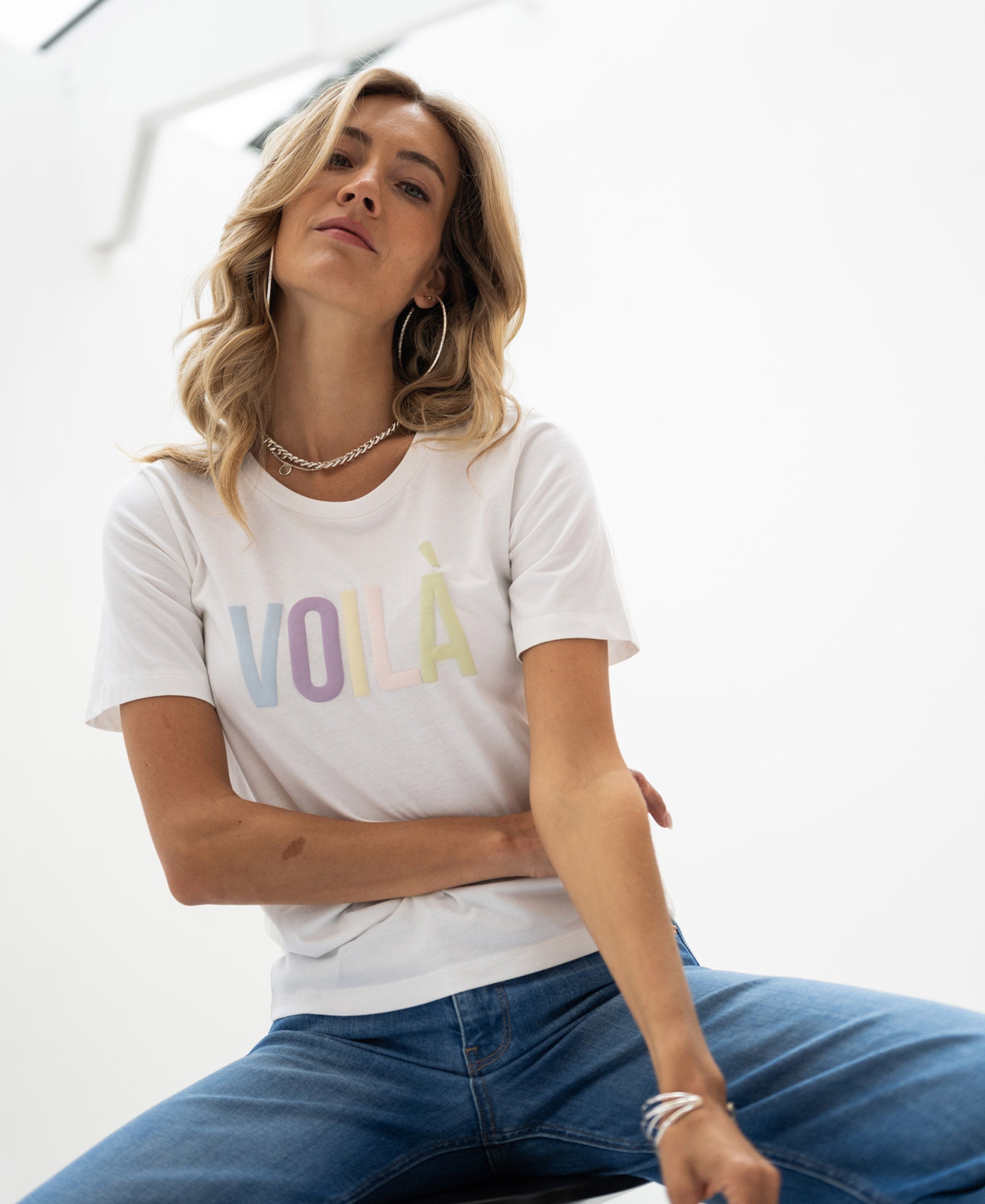 White PLEIN PUBLIQUE LA QUINTY Voila T-shirt displayed against a white background.