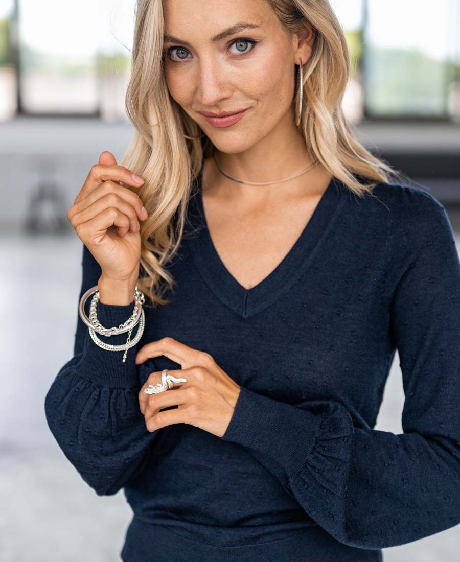 Donkerblauwe merino wollen V-hals damestrui LA VICTORIA PLEIN