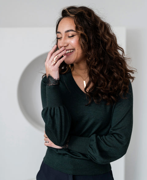 V-neck merino sweater with lace LA VERE Darkgreen