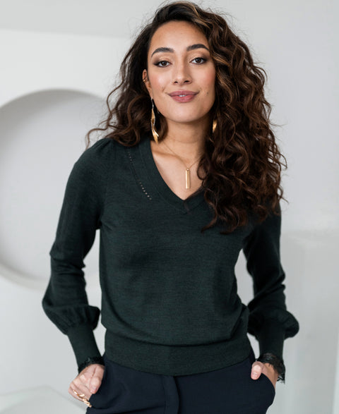 V-neck merino sweater with lace LA VERE Darkgreen
