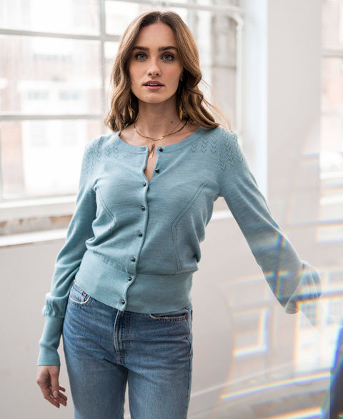 Merino wool cardigan FRAGANCE Misty blue
