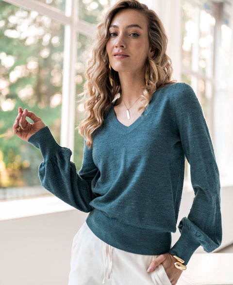 V-neck merino sweater LA VICTORIA Mistgreen-blue