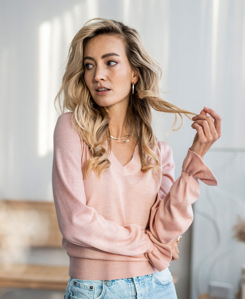 V-neck merino sweater LA FLEUR Soft Salmon