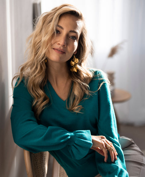 Merino V-hals trui LA FLEUR Peacock