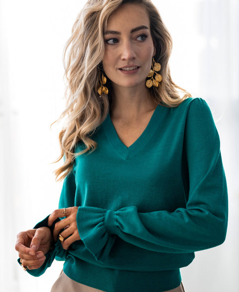 Merino V-hals trui LA FLEUR Peacock