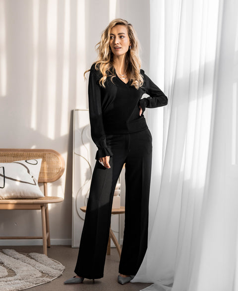 Merino V-hals trui LA FLEUR Zwart