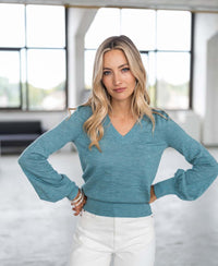 Merino V-hals trui LA VICTORIA Mistblauw