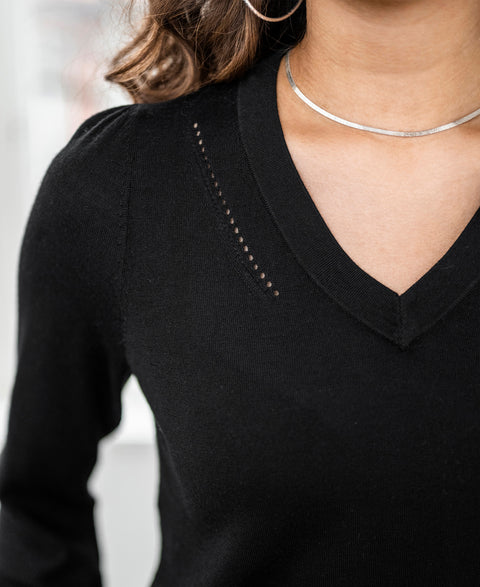Merino V-hals trui LA VERE Zwart met kant