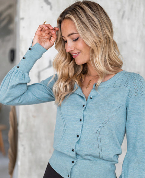 Merino wool cardigan FRAGANCE Misty blue