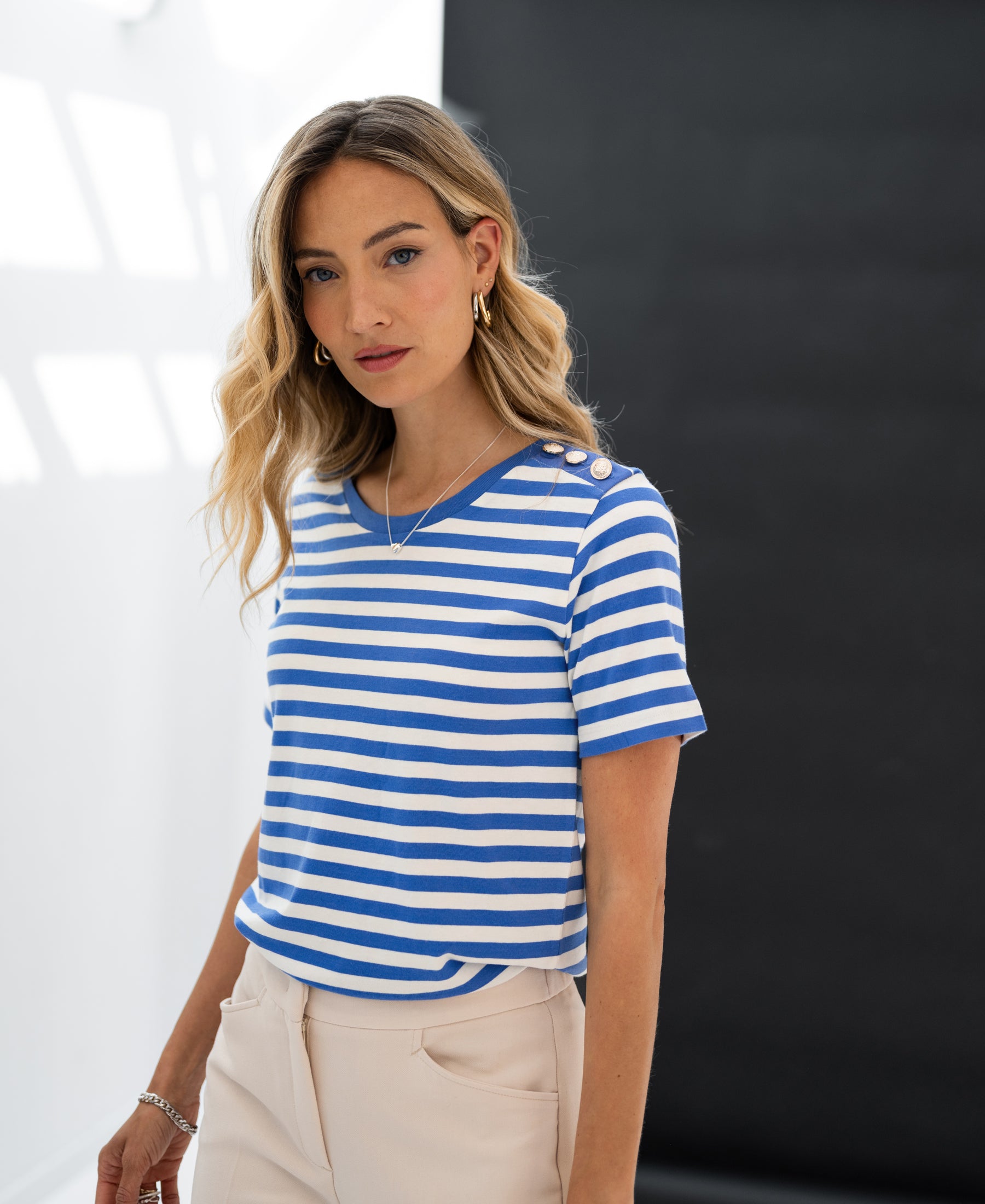 Gestreiftes T-Shirt L' AMBRE Blau-Elfenbein