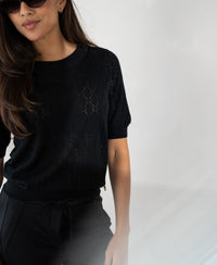 Black sweater with heart pattern by PLEIN PUBLIQUE, shown against a plain background.