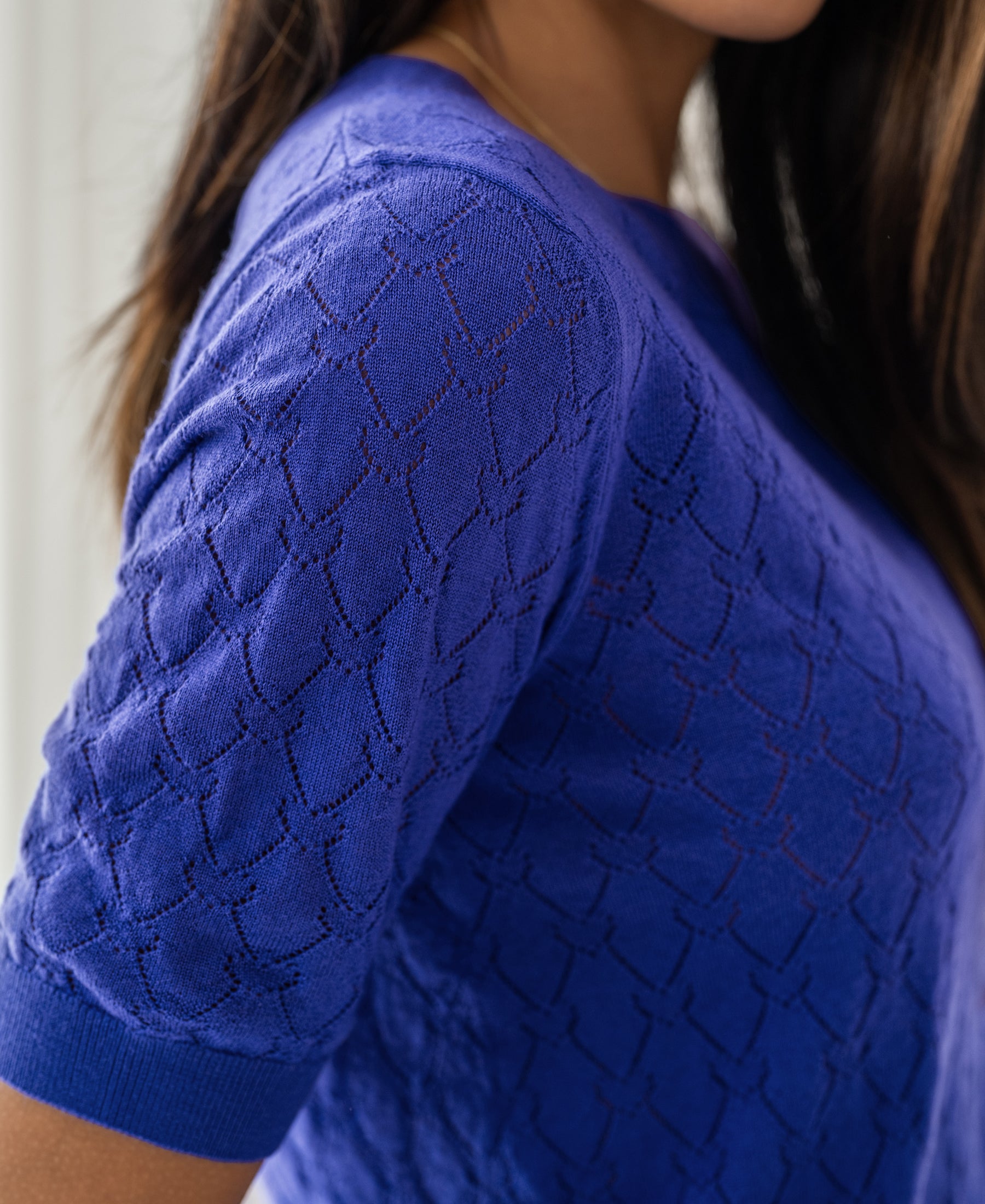 Blue Iris knit sweater with subtle diamond sleeve pattern, by PLEIN PUBLIQUE.