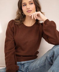 Merino wool sweater LA BAYONNE in cacao color with puffed sleeves from PLEIN PUBLIQUE.