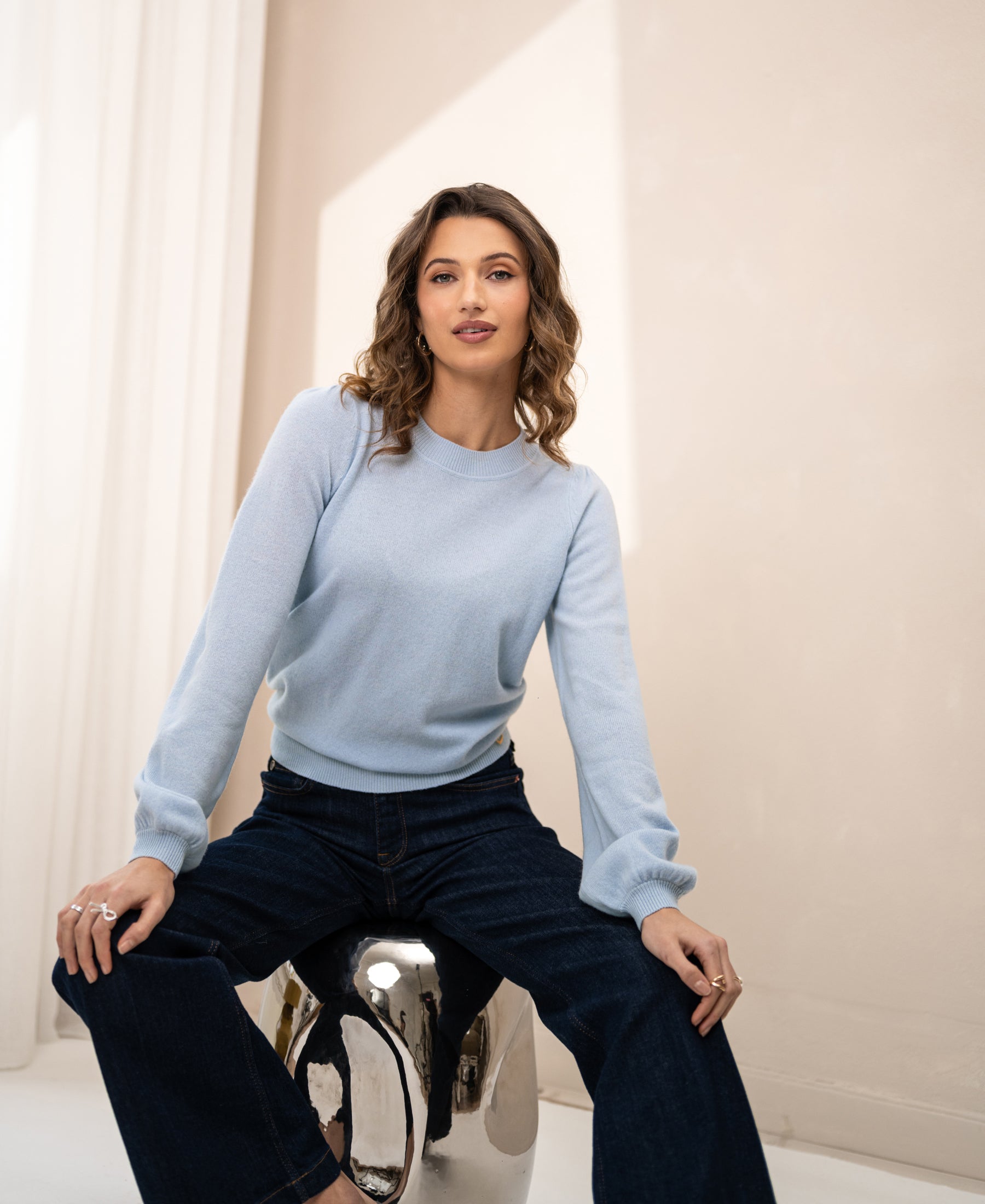 Light blue soft merino wool LA BAYONNE sweater by PLEIN PUBLIQUE.
