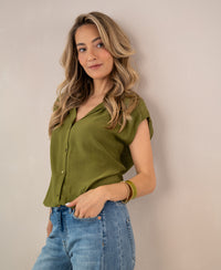 Sleeveless olive green blouse in lightweight fabric, shown from the front.