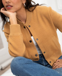 Light camel bomber jacket in English by PLEIN PUBLIQUE, shown from the front.