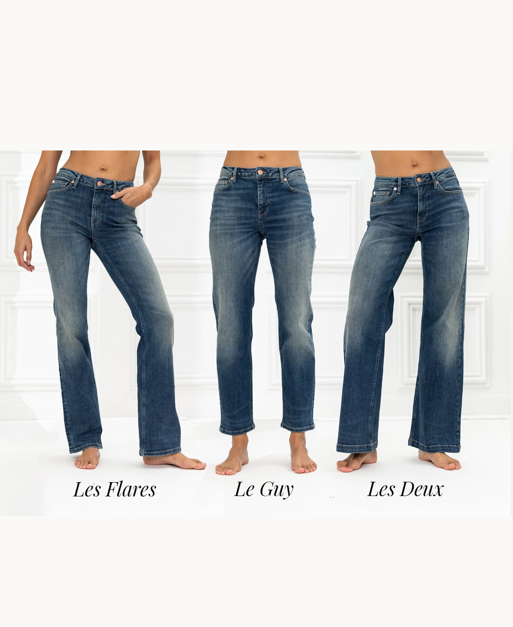 Blue vintage flare jeans in stretch denim and organic cotton.