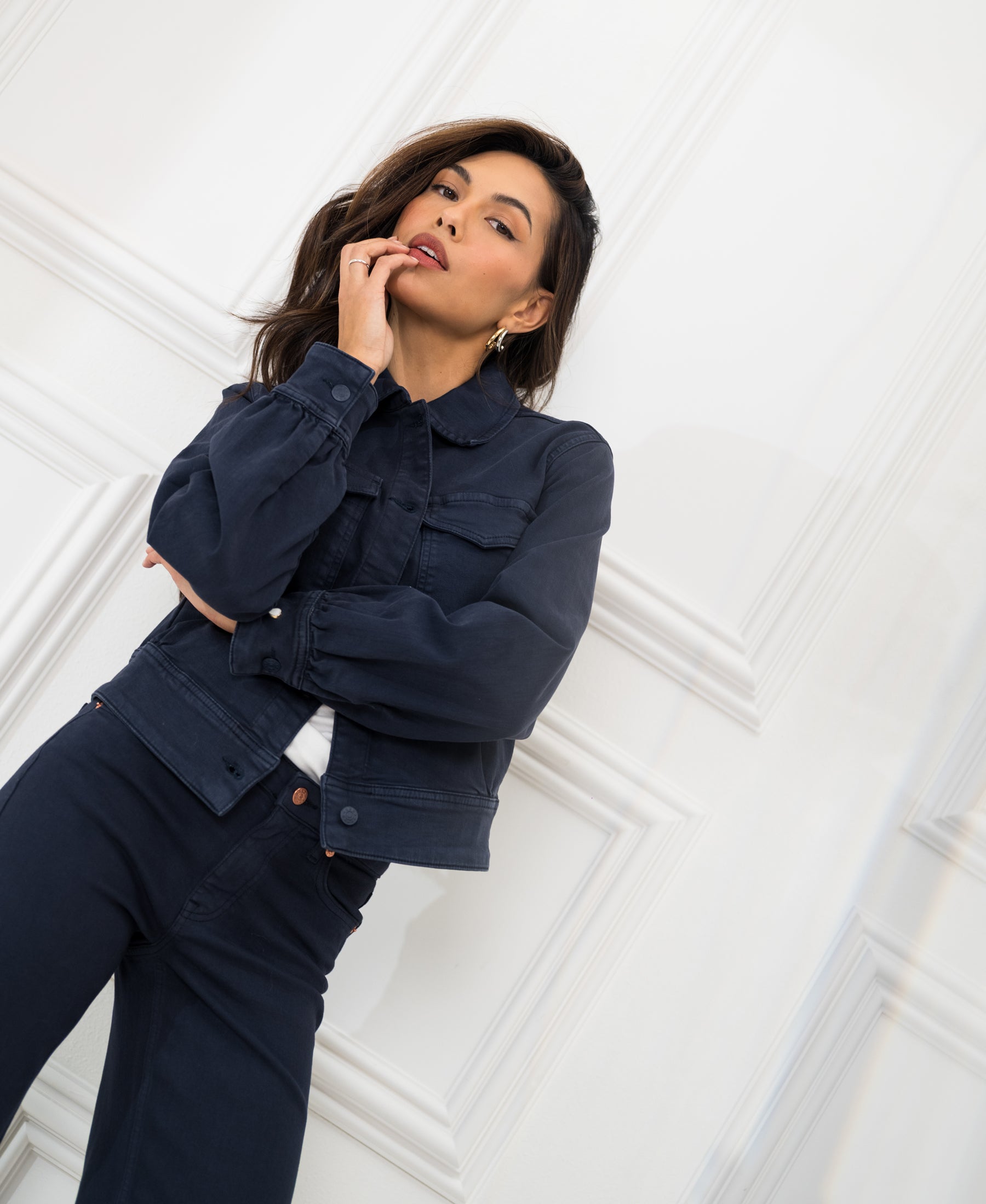Dark blue PLEIN PUBLIQUE stretch denim jacket, LA CALLAS style.