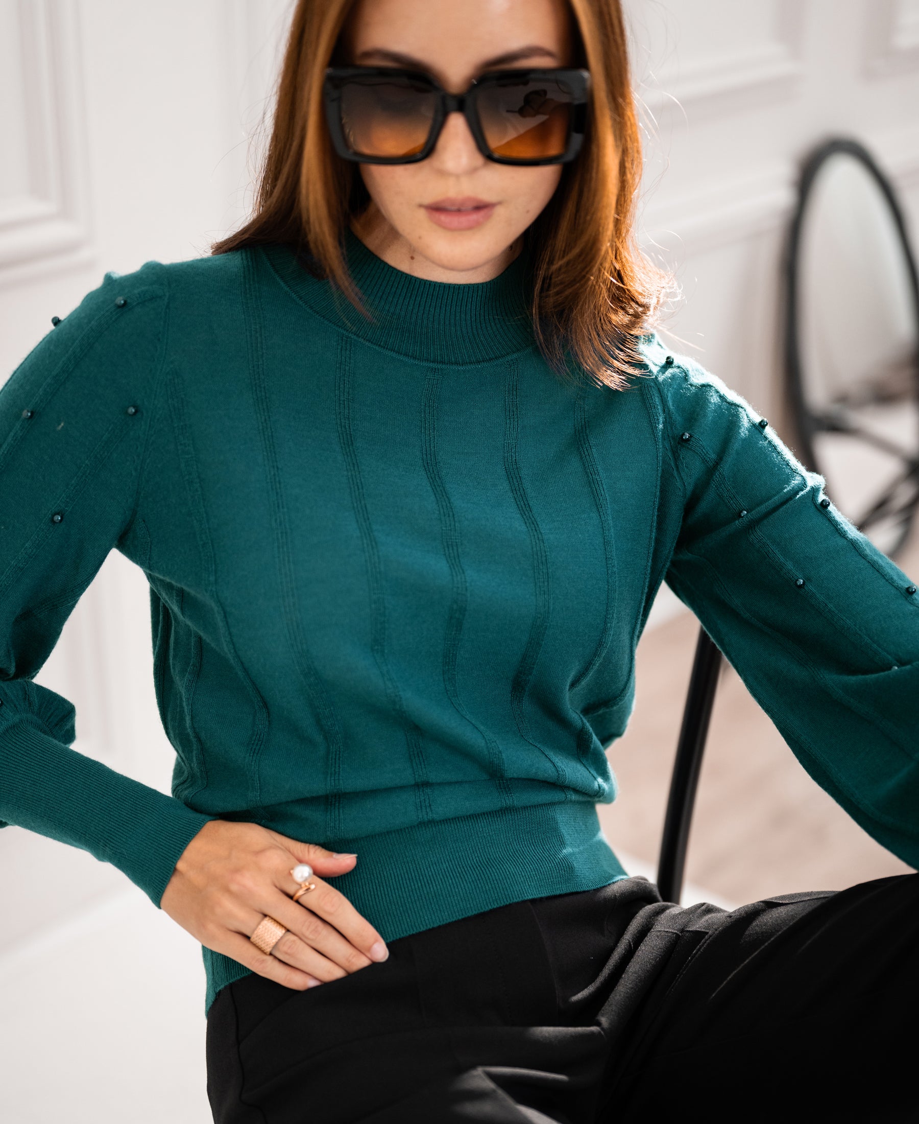 Turtleneck sweater with beads LA CENTAINE Teal