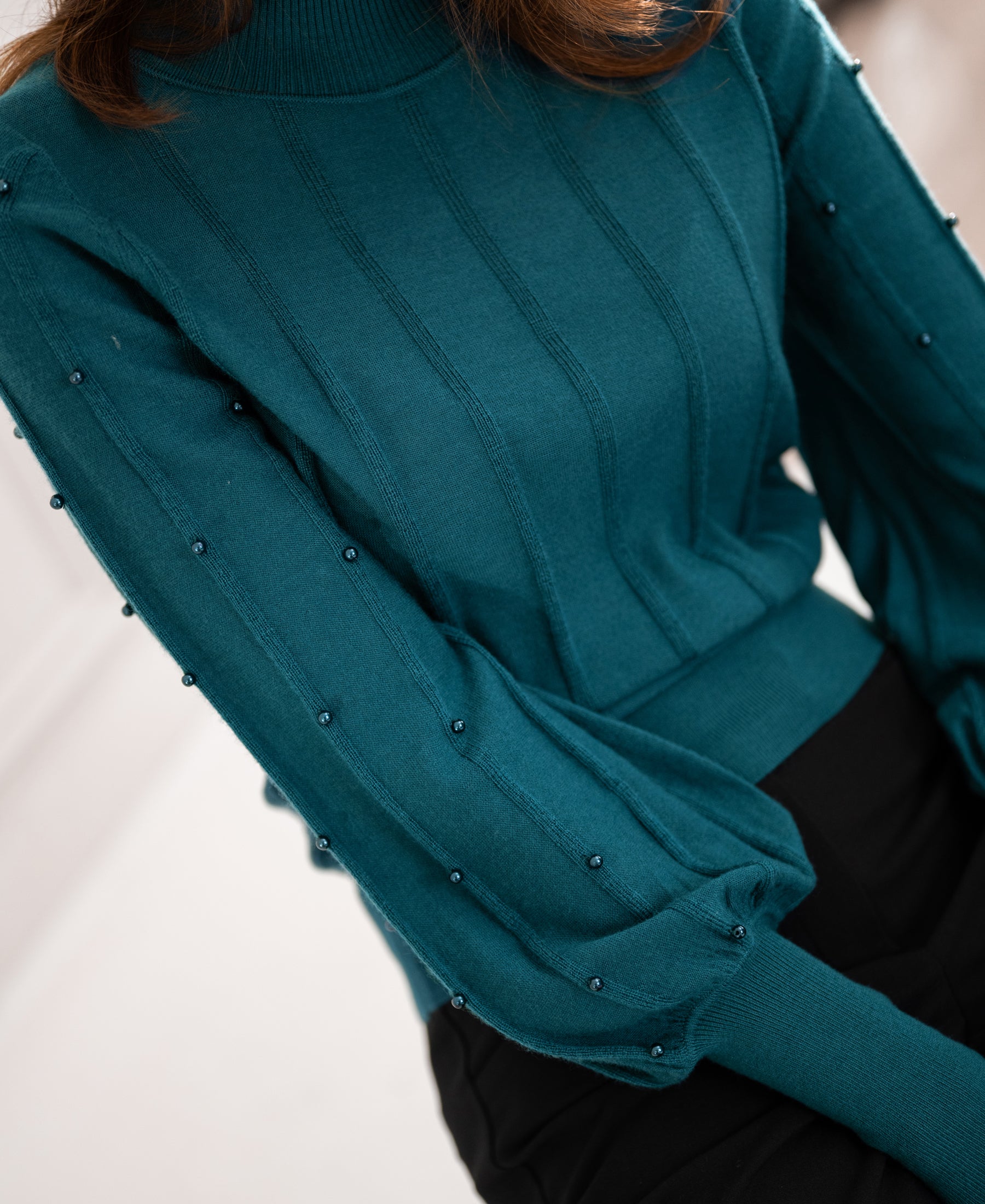 Turtleneck sweater with beads LA CENTAINE Teal