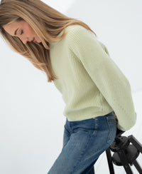 Light green Merino wool sweater LE DIJON by PLEIN PUBLIQUE, shown on a model against a white background.