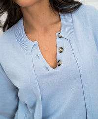 Light blue double knit cardigan with three open buttons and a ribbed collar.